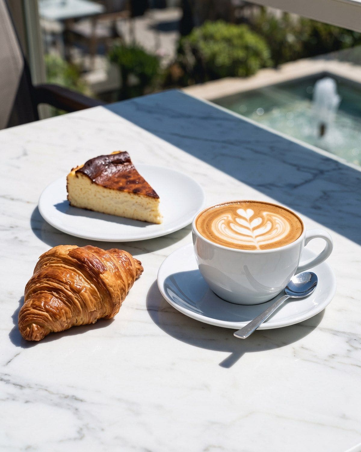 San Sebastian cheesecake, kahve ve kruvasan